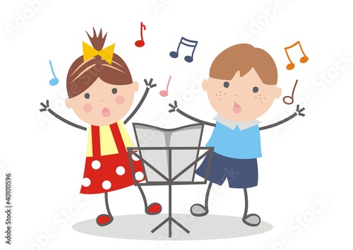 singing kids and music stand, vector illustration
