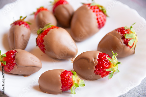 Strawberries with chocolate, delicious and gourmet dessert