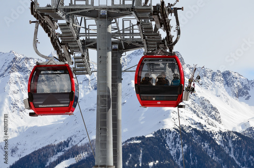 Cable road in the skiing resort in Alps