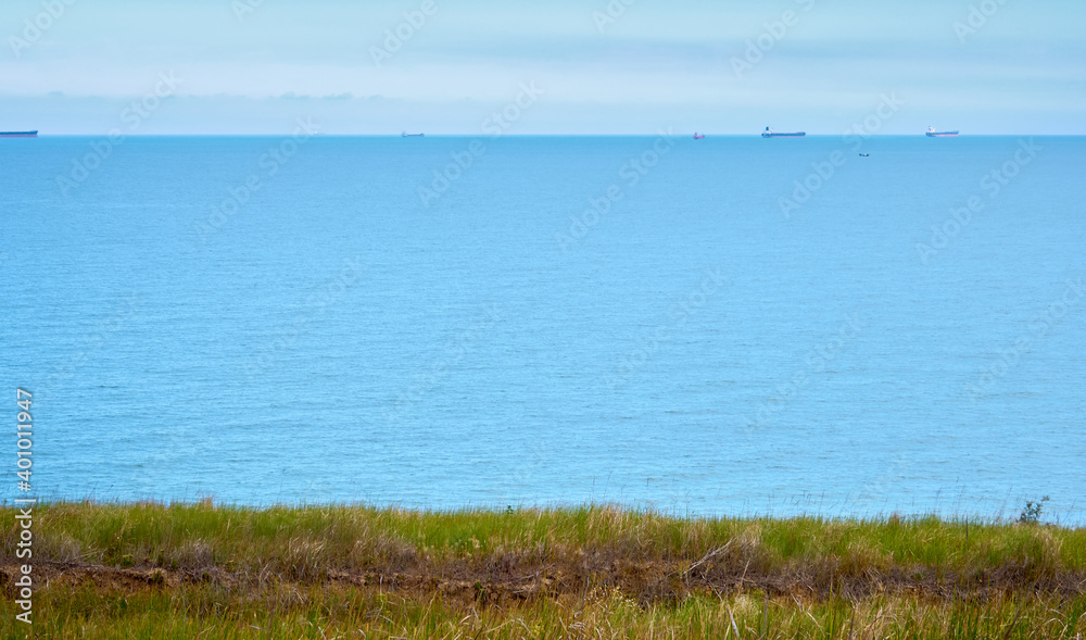 Sea view from a hill overgrown with green grass with ships on the horizon