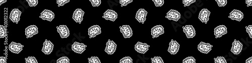 Punk rock hedgehog monochrome vector seamless border. Simple alternative banner. Kids emo rocker cute hand drawn cartoon grungy tattoo with attitude motif. 