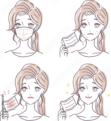 マスクをつけた女性 - 肌荒れや化粧崩れに悩んでいる
Woman wearing a mask -  She is troubled by rough skin and makeup deterioration.  
