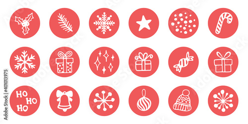 Set of highlight covers for social media stories, flat icons. Vector Christmas doodles: snowflakes, candies, gift boxes, holly and other elements, isolated on white background.