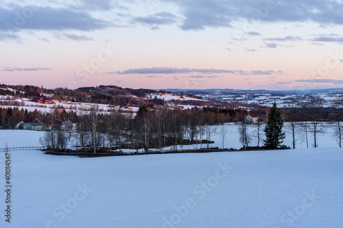 winter landscape with farms and snow © Øyvind