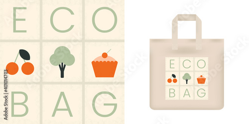 Geometric print on tote bag. Vegetarian food.