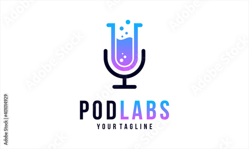 Combination logo from lab and microphone symbol for podcast logo design concept