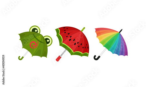 Open Umbrella or Parasol for Kids with Plastic Pole Vector Set