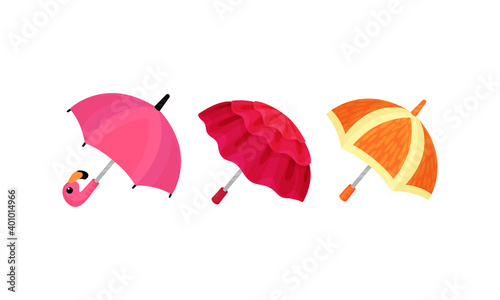 Open Umbrella or Parasol for Kids with Plastic Pole Vector Set