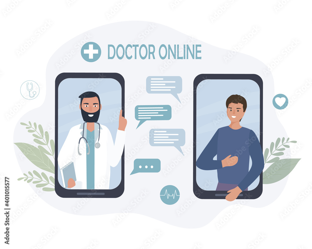 Online medical consultation and care. A person talks to a doctor on a cell phone, using video calls and messenger messages. Telemedicine, remote communication between the patient and the doctor.Vector