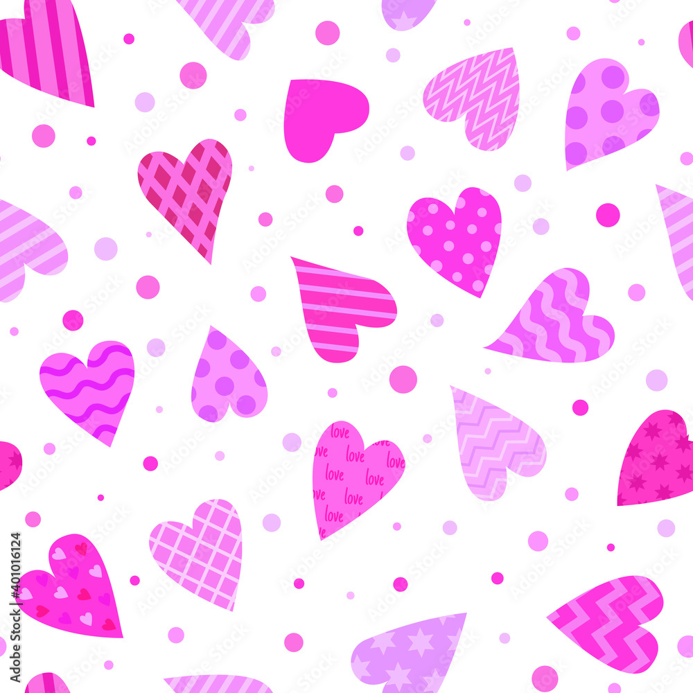 Vector seamless pattern of pink hearts on a white background. Flat style pattern for Valentine's day, February 14. Perfect for wrapping paper, Wallpaper, screensavers, postcards and fabric Vector seamless pattern of pink hearts on a white background. Flat style pattern for Valentine's day, February 14. Perfect for wrapping paper, Wallpaper, screensavers, postcards and fabric