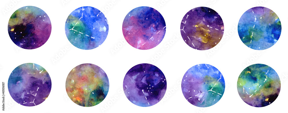 Set of social media story highlights covers icons and emblems, space night sky watercolor background