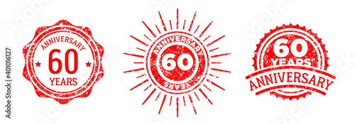 A group of 60 years anniversary logos drawn in the form of stamps, red frames for celebration. Grunge rubber stamp texture. Holiday stamps. Collection of postage stamps. Vector round stamps