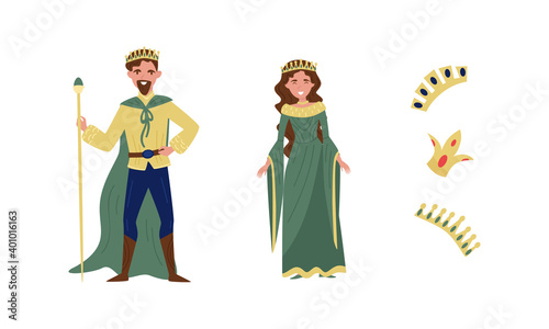 King and Queen Wearing Golden Crown as Fabulous Royal Family Vector Set