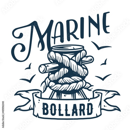 Mooring sea bollard. Nautical marine rope knot