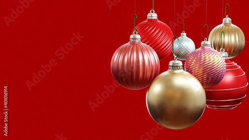Christmas composition with realistic Christmas balls. Xmas glass ball on Red Holiday's Background. Holiday decoration template. 3d rendering