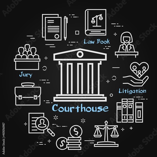 Vector black line banner of legal proceedings - courthouse icon