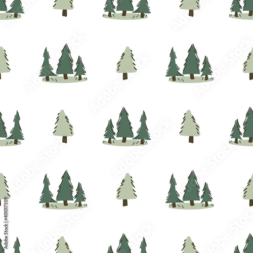 Cute gender neutral pine tree seamless vector pattern. Conifer christmas tree home decor cartoon holiday woodland. Evergree fir all over print. 