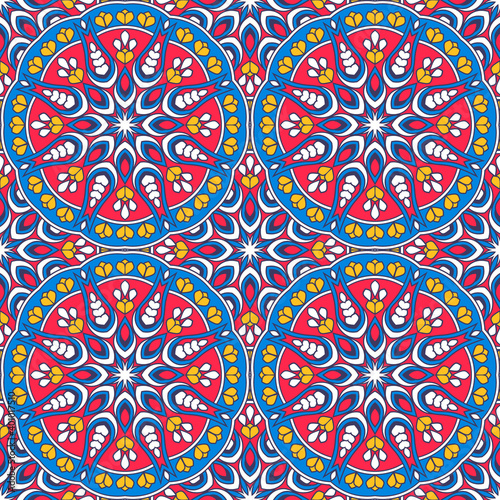 Seamless ornamental oriental pattern. Repeating geometric tiles with mandala. Vector laced decorative background with floral and geometric ornament. Indian or Arabic motive. Boho festival style