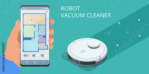 Robot vacuum cleaner performs automatic cleaning of the apartment at a certain time. Smart home. Robot vacuum cleaner communicates with the smartphone via wireless