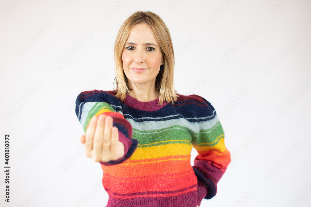Young woman on white background inviting to come with hand. Happy that you came Young woman on white background inviting to come with hand. Happy that you came
