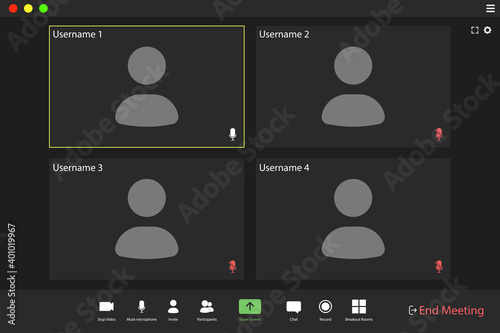 Video conference user interface. Video call screen interface template. Application for social communication. Four users.