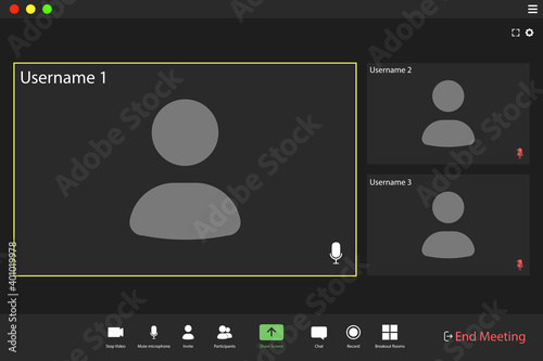 Video conference user interface. Video call screen interface template. Application for social communication. three users.