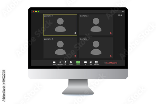 Video conference user interface. Video call screen interface template. Application for social communication. Four users.