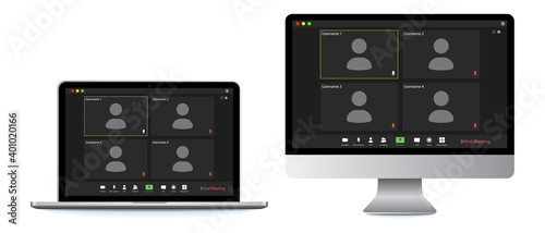 Video conference user interface. Video call screen interface template. Application for social communication. Four users.
