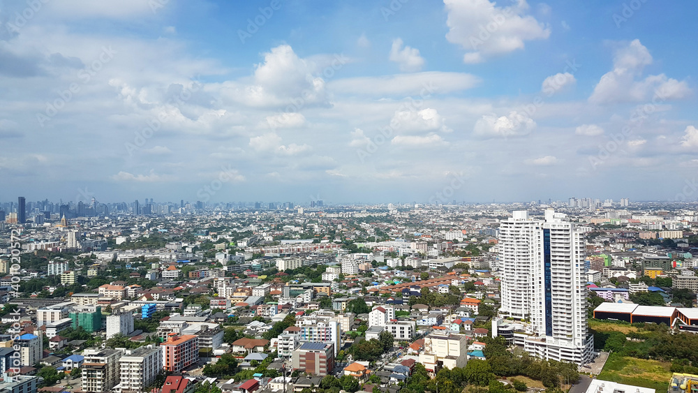 top view a city. Aerial city view from at Bangna, Thailand.