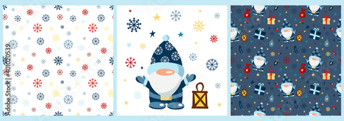 Vector set of patterns and a poster with a Christmas gnome on a white background. Patterns with snowflakes on a colored background. Children's vector illustration.