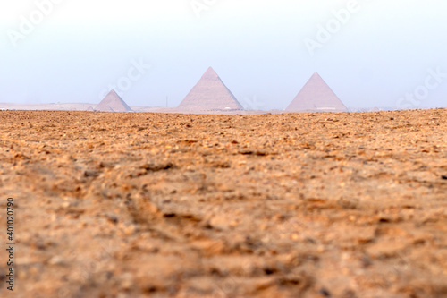 Egypt . Giza . Cairo . general view of three pyramids Menkaure   khafre    khufu