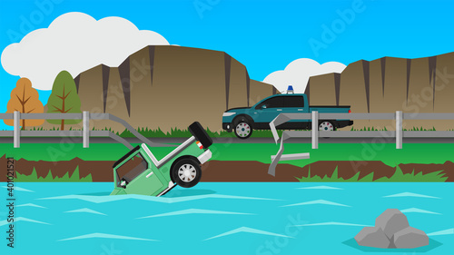 Pickup truck fell off the road and fell into the river. An emergency pickup truck was parked on the roadside. Nature with big mountains as backdrop in rural area.