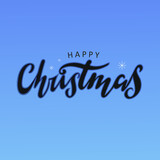 Happy Christmas hand lettering on the blue background with snow. Christmas greeting card. Vector illustration for holiday invitations, banners, postcards, holiday packages, flyers, calendar.
