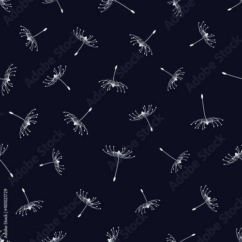 Vector illustration with white dandelion seeds. Floral background. Dandelion fluff silhouette. Beautiful nature backdrop.Seamless pattern for fabric design, print for textile, packaging, scrapbooking.