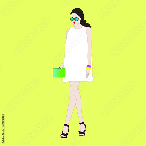 Fashion woman model in white dress and with glasses. Vector illustration. Beautiful young women. Fashion illustration. Change the colors of dresses and accessories. Fashion lady brunette.