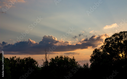 The rays of the setting sun in the blue sky with clouds on the background of trees
