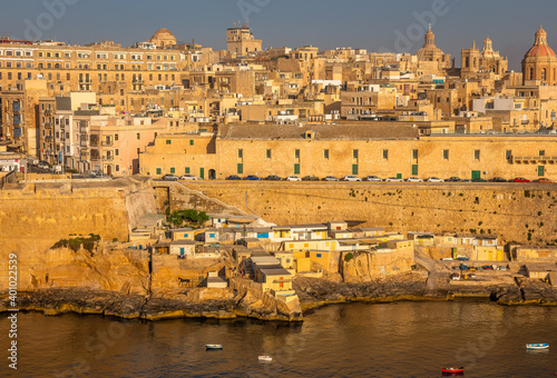 Fototapeta Naklejka Na Ścianę i Meble -  Valletta Panorama of the City Center. Beautiful aerial view of the Valletta city in Malta. Taken from a Ship this photo captures well the amazing architecture and charm of this city.