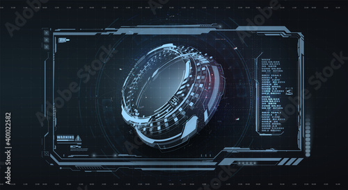 Abstract futuristic HUD, GUI, FUI object. 3D hologram of display consist of glowing circle . Cybernetic machine, mechanism.  Tech and science, analysis theme. Digital user interface. Vector