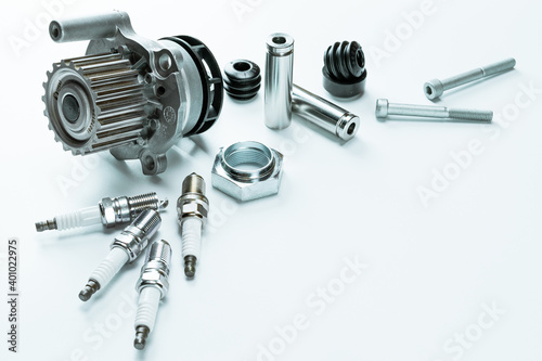 Car motor parts. Auto motor mechanic spare or automotive piece on white background. Set of new metal car part. Repair and vehicle service.