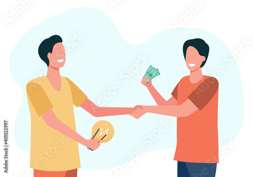 Man investing money in startup. Partners, lightbulb, cash, handshake flat vector illustration. Business idea, investment concept for banner, website design or landing web page