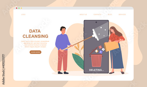 People cleaning data on smartphone. Concept of data and cache cleansing to reduce lagging and slow performance. Website, web page, landing page template. Flat cartoon vector illustration