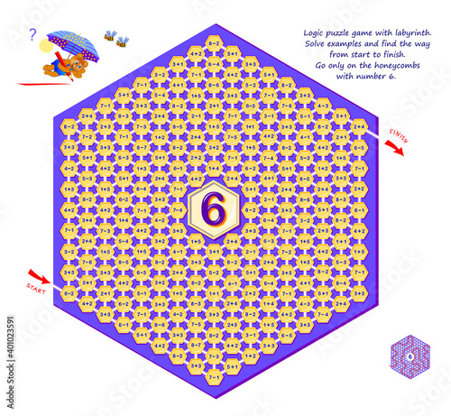Math education for kids with maze. Logic puzzle game with labyrinth for children and adults. Solve examples and find the way from start to finish. Go only on the honeycombs with number 6. Play online.