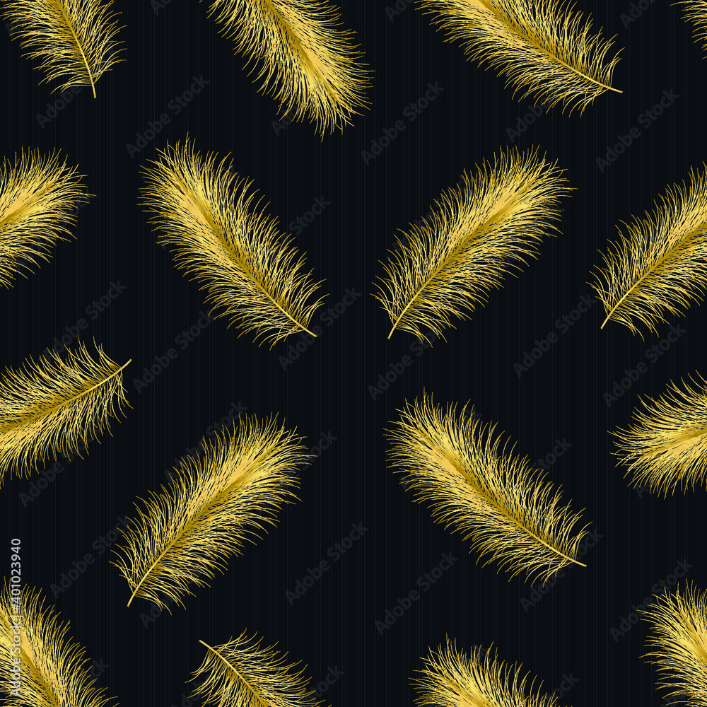 Seamless pattern with golden feathers on a dark background. Shiny texture for wrapping paper, web, wallpaper, textile, scrapbooking, print etc. Creative feathers background.
Seamless pattern with golden feathers on a dark background. Shiny texture for wrapping paper, web, wallpaper, textile, scrapbooking, print etc. Creative feathers background.