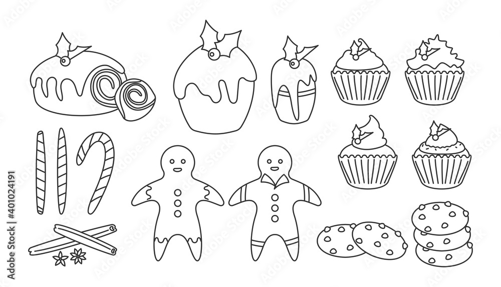 Christmas sweet food linear set. Winter dessert. Traditional treat pudding, cupcake, gingerbread man. Pastry as symbol New Year holiday. Tasty celebration snack. Isolated on white vector illustration. Christmas sweet food linear set. Winter dessert. Traditional treat pudding, cupcake, gingerbread man. Pastry as symbol New Year holiday. Tasty celebration snack. Isolated on white vector illustration.