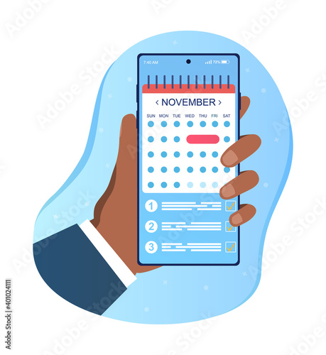 Hand holding smartphone with planner app on screen. Reminder, appointment concepts. Hand holds smartphone with calendar and checklist. Task management, schedule planner. Modern flat design