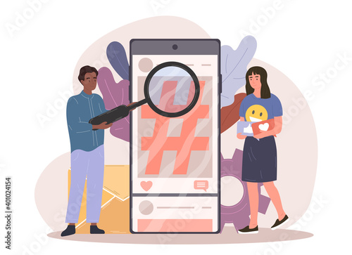 Social media hashtag on smartphone screen. Male and female characters using social media hashtags with magnifier. Flat cartoon vector illustration