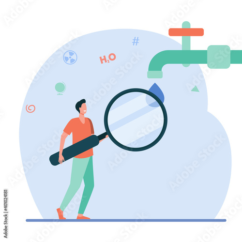 Water quality research. Man looking at water from tap through magnifying glass flat vector illustration. Chemistry, biology, safety concept for banner, website design or landing web page