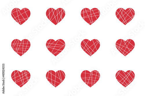 Set of red polygonal hearts, romantic decoration for Valentine's Day. Symbols of love, relationships and romance for the on February 14.