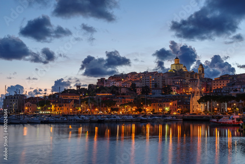 Night scene of the old town of Imperia, seaside city on the Italian Riviera