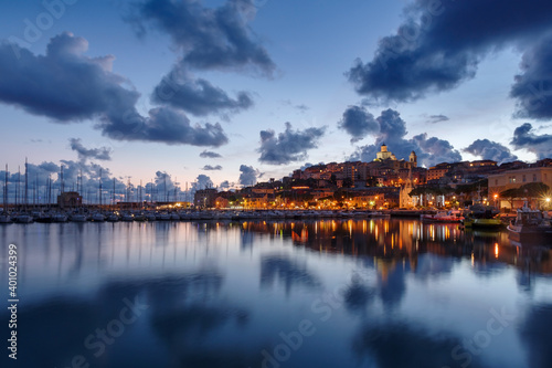 Night scene of the old town of Imperia, seaside city on the Italian Riviera